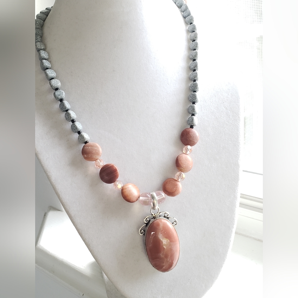 Necklace, rainforest jasper gem set in silver, mixed gemstone beads, handmade.